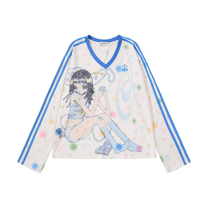 Damen Cropped Mesh-Longsleeve mit V-Ausschnitt, Anime-Print und Kontraststreifen Drune