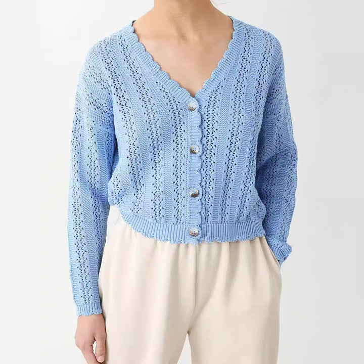 Damen Strickjacke mit filigranem Lochmuster und Wellenabschlüssen Drune