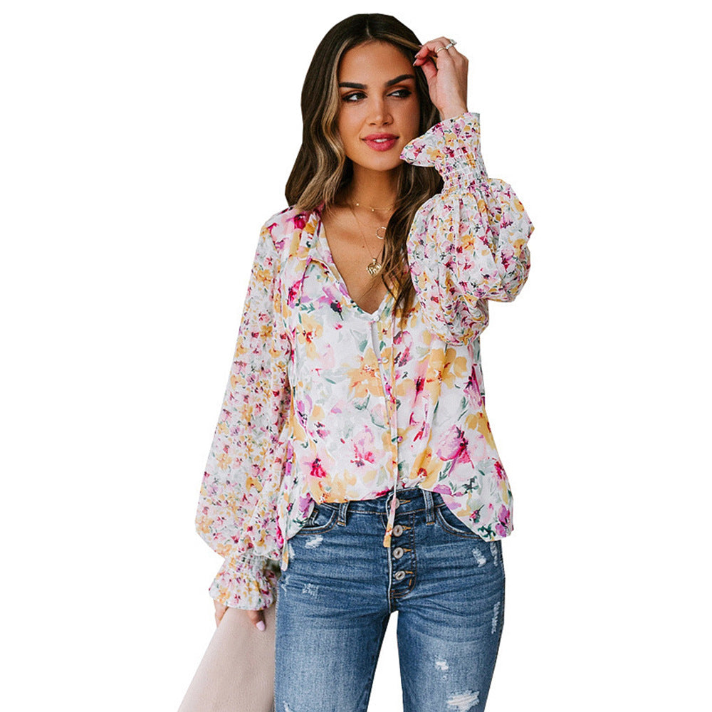 Damen Floral gemustertes Blusenoberteil mit weiten Ärmeln Drune