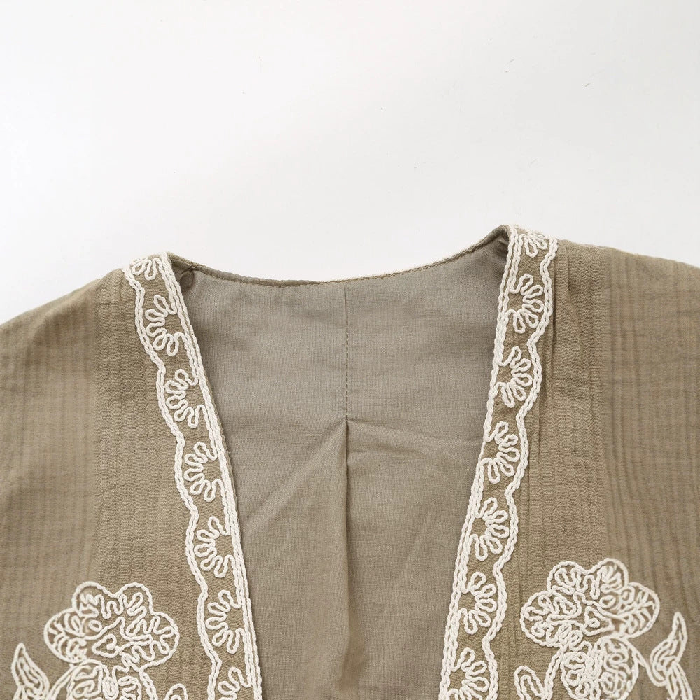 Damen Ärmellose Leinenweste mit floraler Reliefstickerei und offener Front Drune