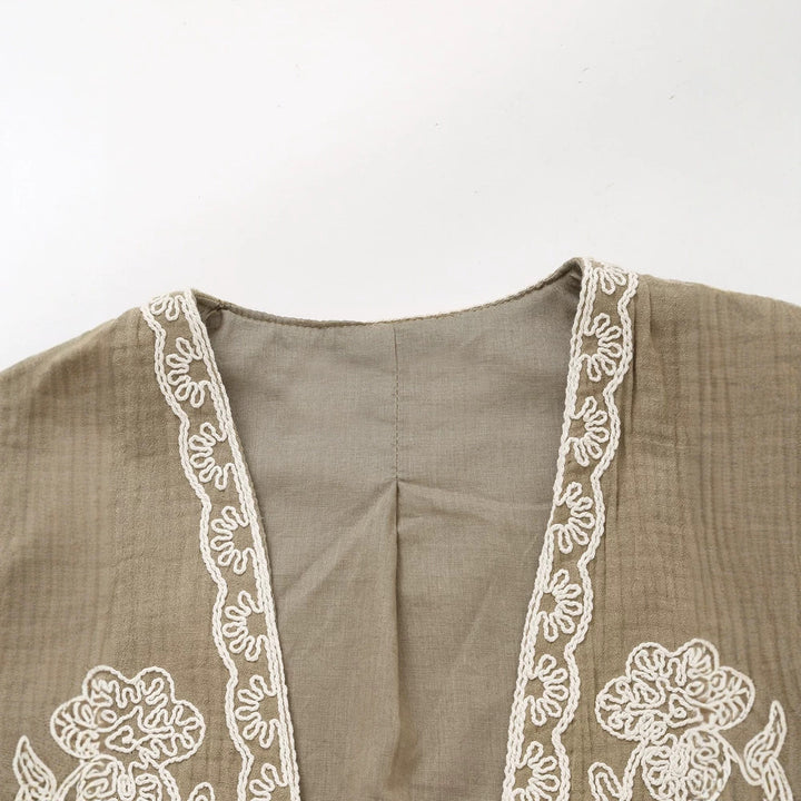 Damen Ärmellose Leinenweste mit floraler Reliefstickerei und offener Front Drune