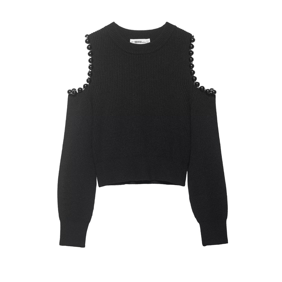 Damen Gestrickter Cropped-Pullover mit Cut-Out-Schultern und Perlenbesatz Drune