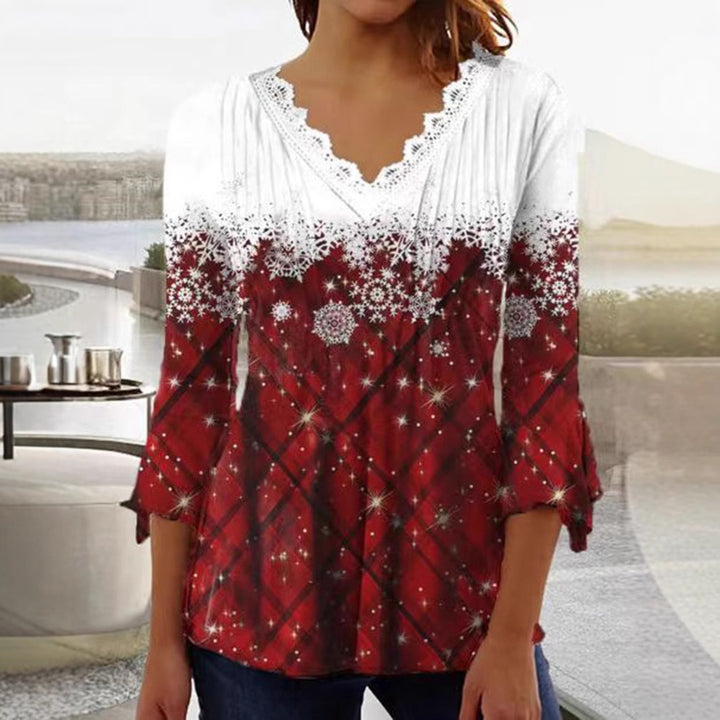 Damen nan Tunika-Bluse mit Spitzen-V-Ausschnitt, feiner Plissee-Passe und winterlichem Schneeflocken-Print Drune
