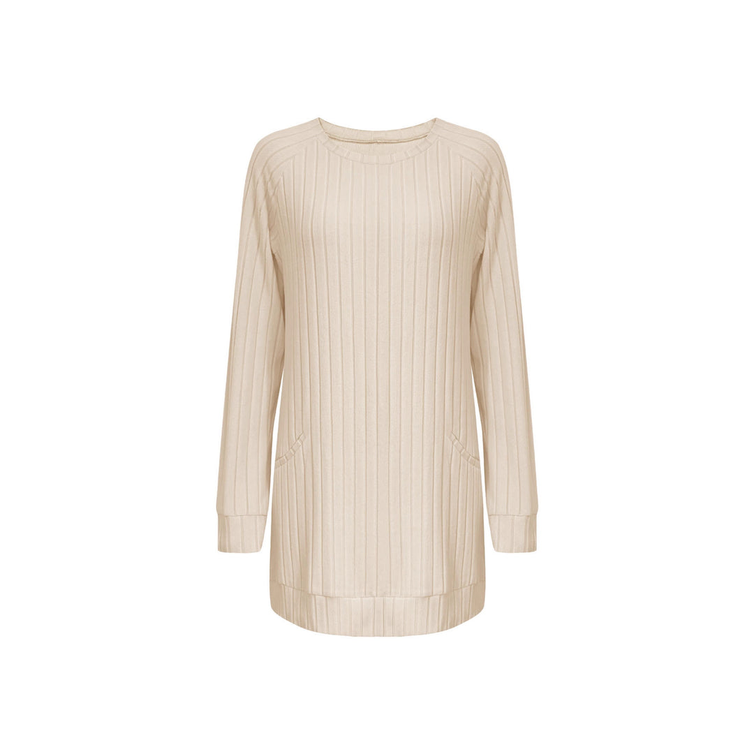 Damen Gerippter Longpullover-Tunika mit Rundhals, Seitentaschen und legerer Passform Drune