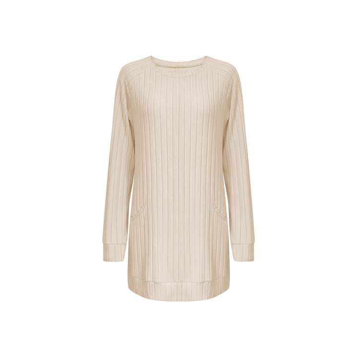 Damen Gerippter Longpullover-Tunika mit Rundhals, Seitentaschen und legerer Passform Drune