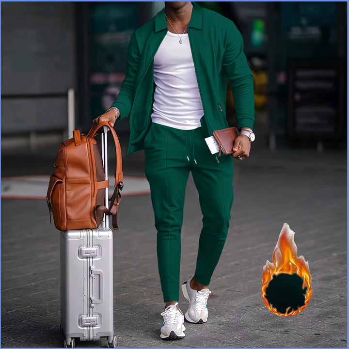 Herren nan zweiteiliges Reise-Loungewear-Set mit strukturierter Jacke, Reißverschluss und konischer Jogginghose Drune