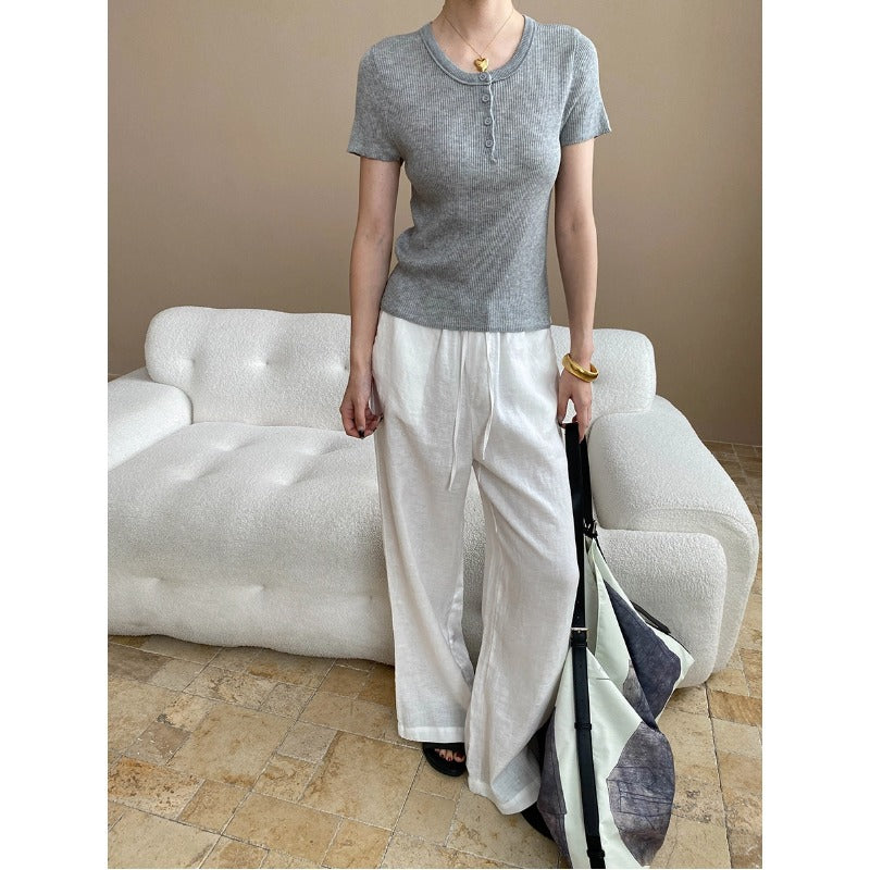 Damen kurzarm Henley-Oberteil mit feiner Rippstruktur Drune