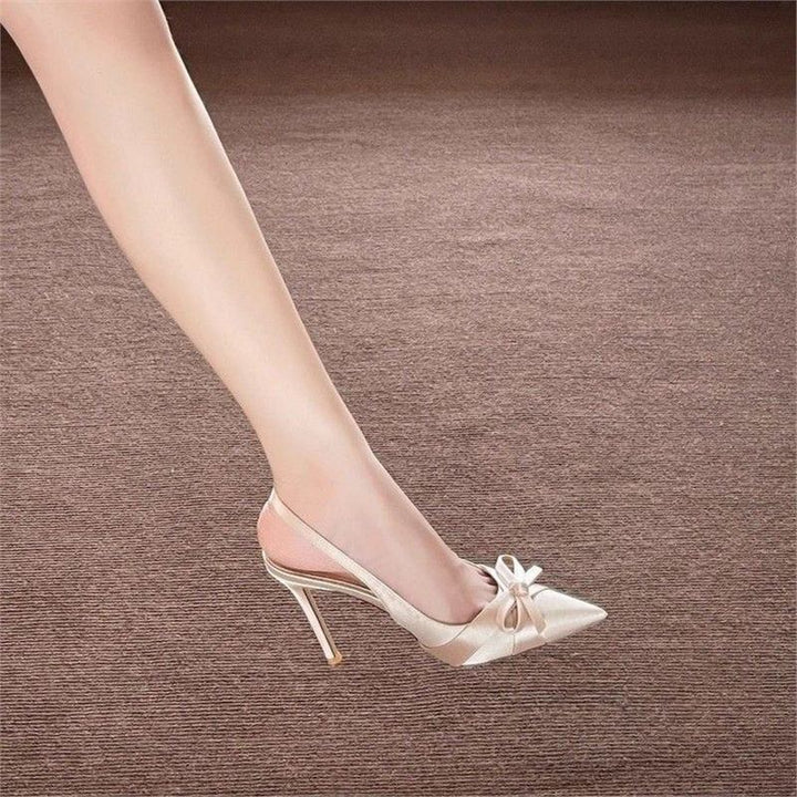 Damen Elegante spitz zulaufende Satin-Mules mit niedrigem Kittenabsatz und Zierschleife Drune