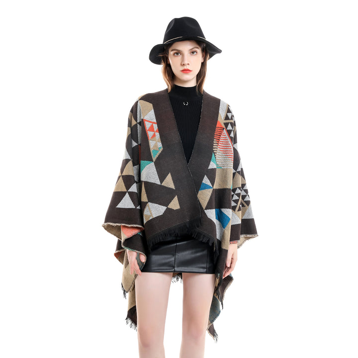 Damen Oversize-Ruana im Jacquard-Wickelstil mit dreieckigem Muster und Fransensaum Drune