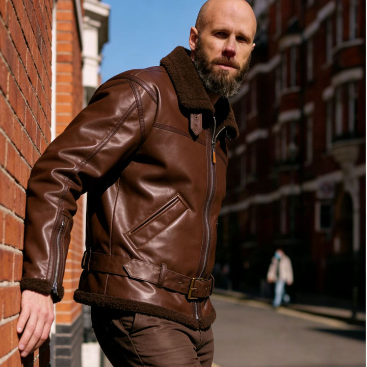Herren Kunstleder-Fliegerjacke mit Teddyfutter, Reißverschlüssen und Stehkragen Drune
