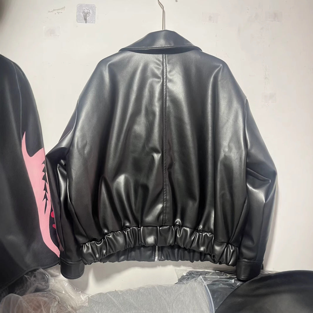 Damen nan Boxy Kunstleder Blousonjacke mit durchgehendem Reißverschluss, Pattentaschen und breitem Hemdkragen Drune