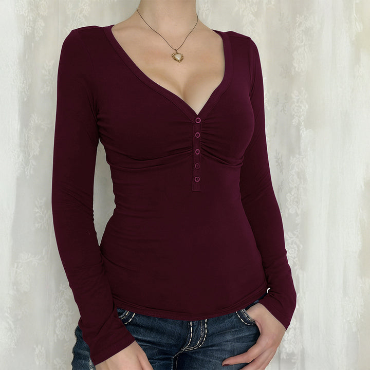 Damen nan tailliertes Langarmshirt mit geraffter Knopfleiste und tiefem V-Ausschnitt Drune