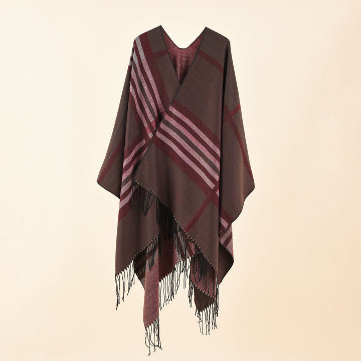 Damen Kastiger Ruana-Überwurf mit Fransen und diagonalem Streifenjacquard Drune
