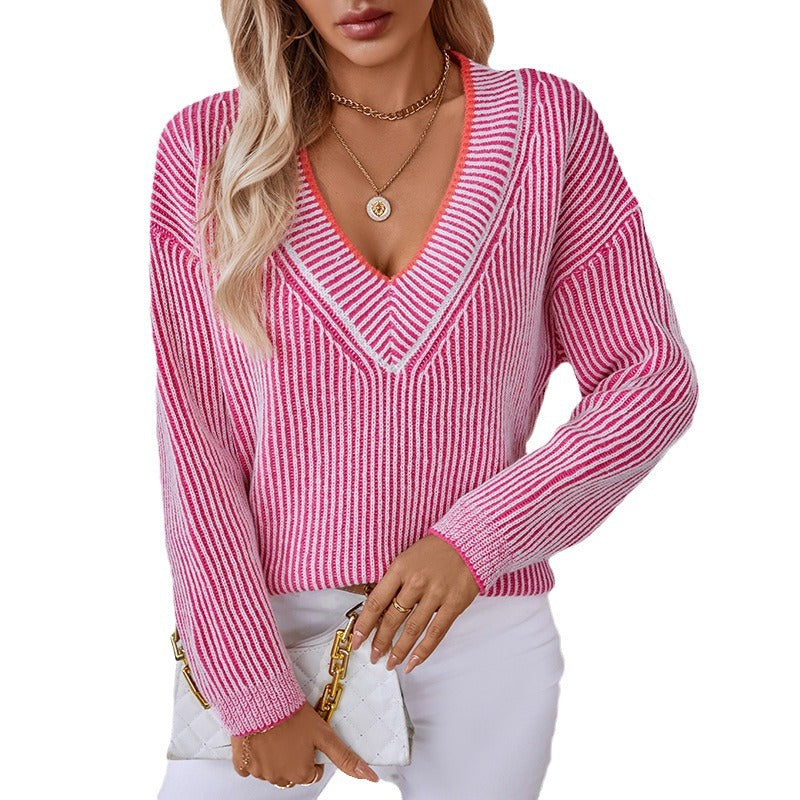 Damen Strickpullover mit V-Ausschnitt und gestreiftem Design Drune
