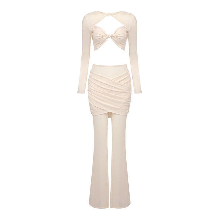 Damen elegantes Crop-Top und weit geschnittene Hose Set Drune