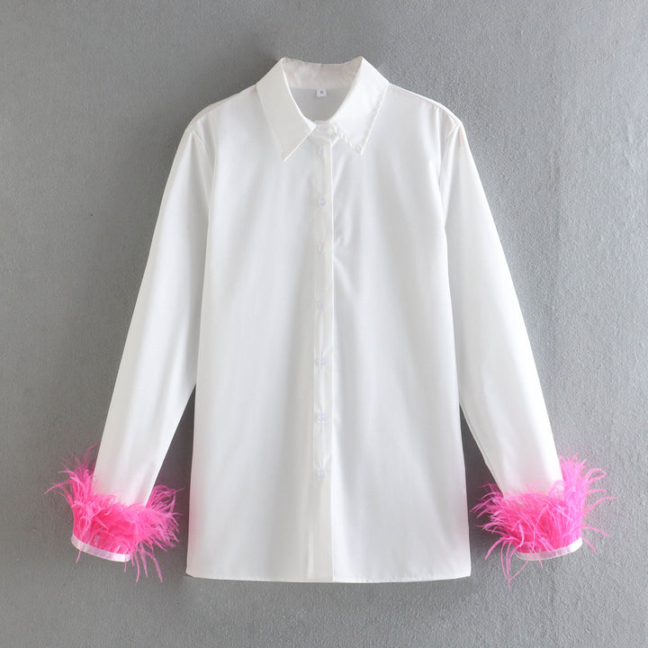 Damen Elegante Baumwollbluse mit Federbesatz an Manschetten und klassischem Hemdkragen Drune