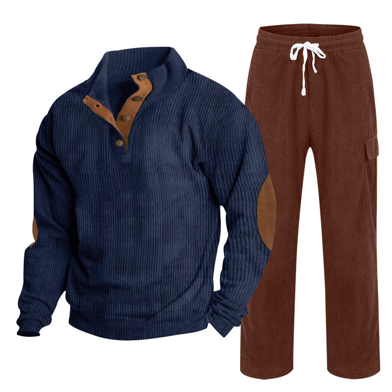 Herren Gemütliches Freizeit-Set aus Waffelstrick-Henley mit Ellenbogenpatch und Relax-Cargo-Hose Drune