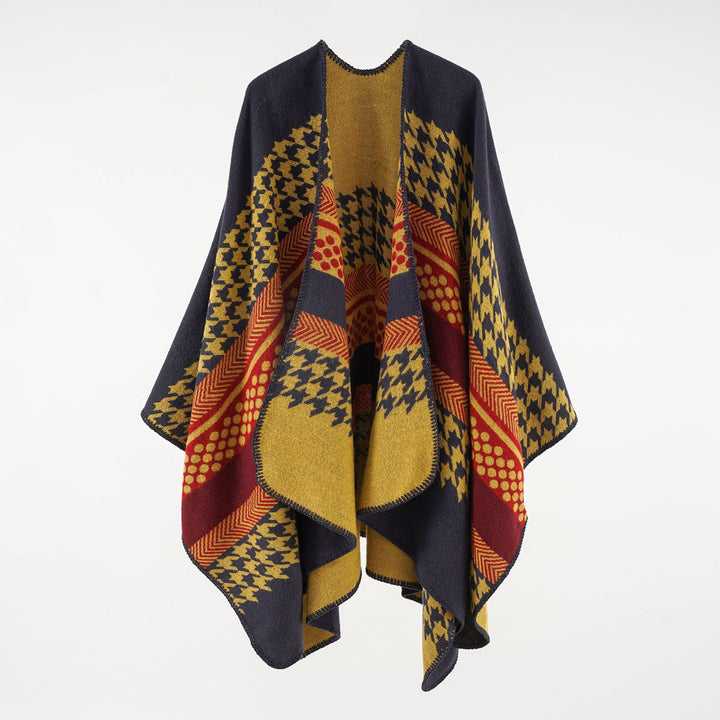 Damen Wohliger Oversize-Umhangponcho aus Wollmix mit Hahnentritt- und Grafikjacquard Drune