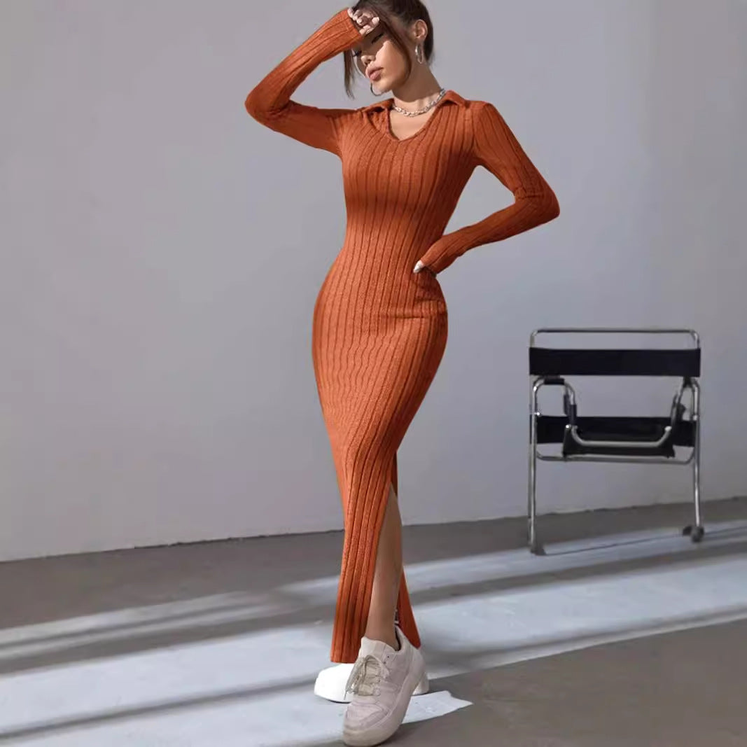 Damen Langärmliges Rippkleid mit Slit und Kragen Drune