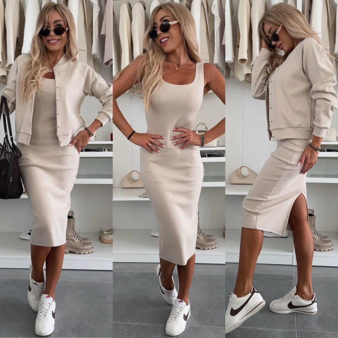 Damen figurbetontes Strick-Midikleid mit passender Kurzjacke und Rundhalsausschnitt Drune