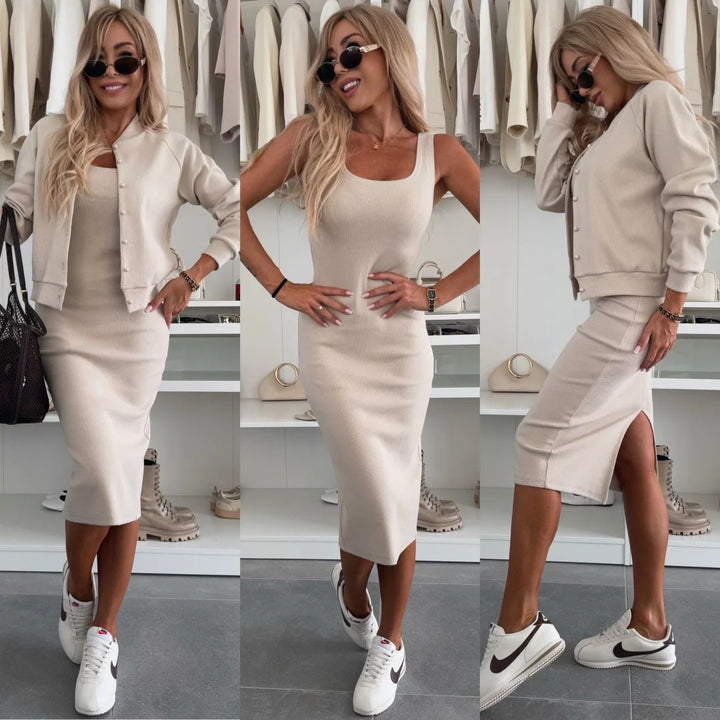 Damen figurbetontes Strick-Midikleid mit passender Kurzjacke und Rundhalsausschnitt Drune