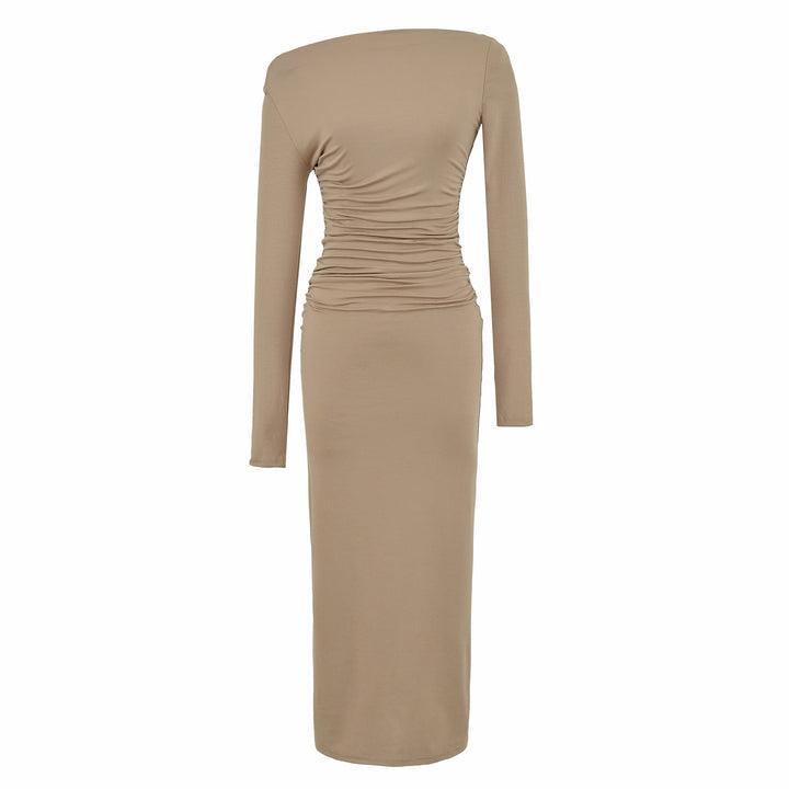 Damen Einschulter-Midikleid mit Langarm und seitlicher Raffung Drune