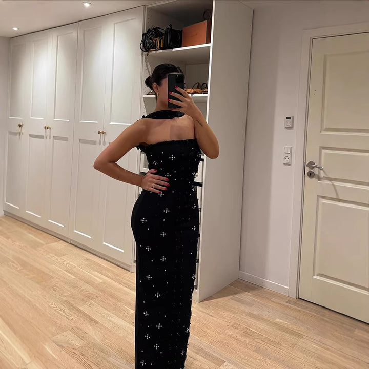 Damen Couture Maxikleid mit schimmernden Pailletten und strapless Design Drune