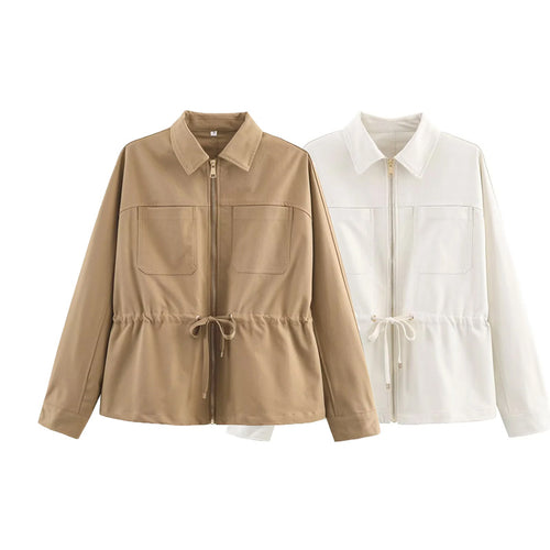 Damen nan leichte Hemdjacke mit Tunnelzug-Taille, durchgehendem Reißverschluss und aufgesetzten Brusttaschen Drune