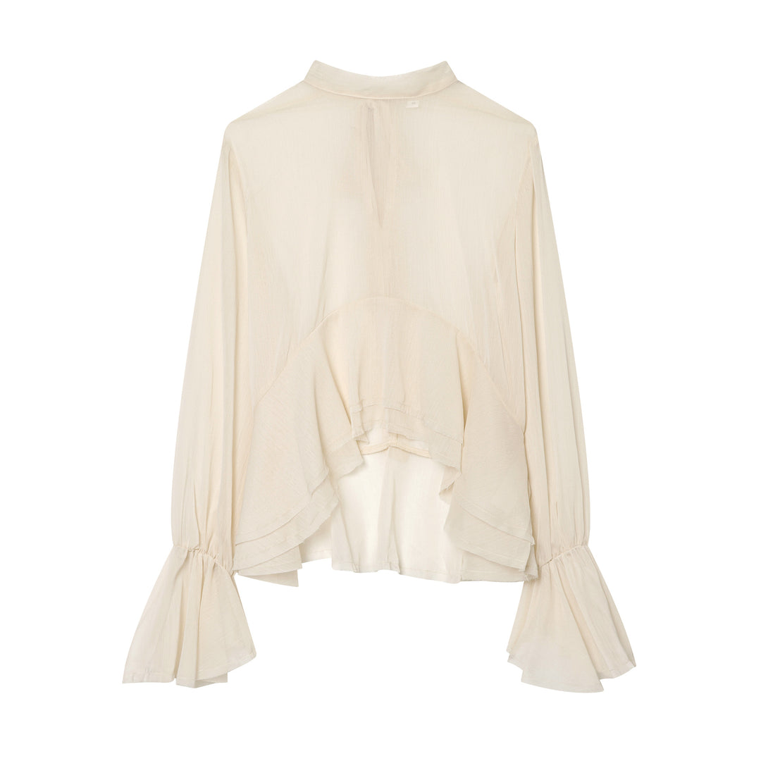 Damen nan transparente Chiffonbluse mit Schleifenkragen, Volantärmeln und Schößchen Drune