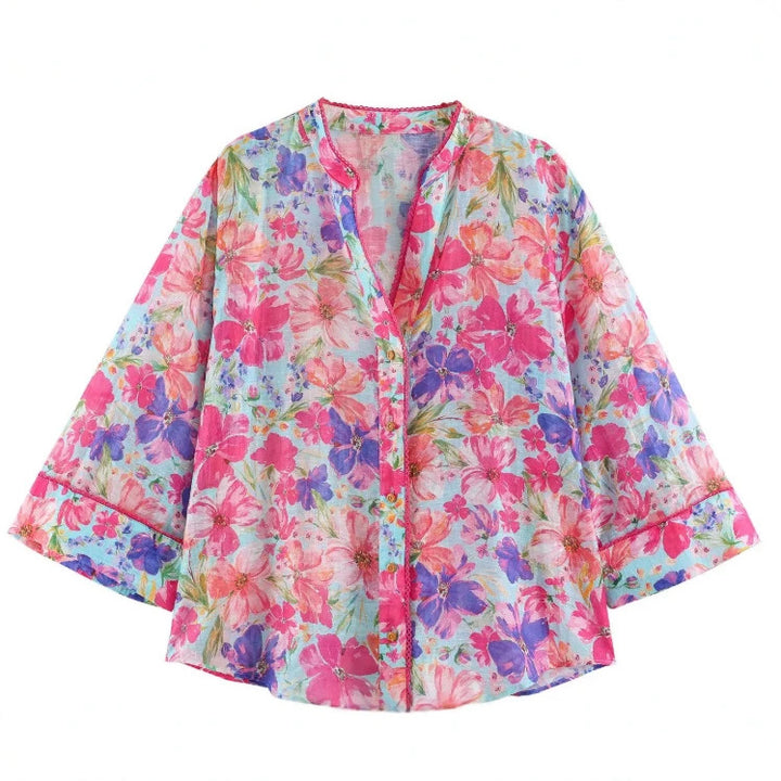 Damen Oversize‑Bluse mit leuchtendem Blumenprint, kastiger Silhouette und dreiviertelärmeln Drune