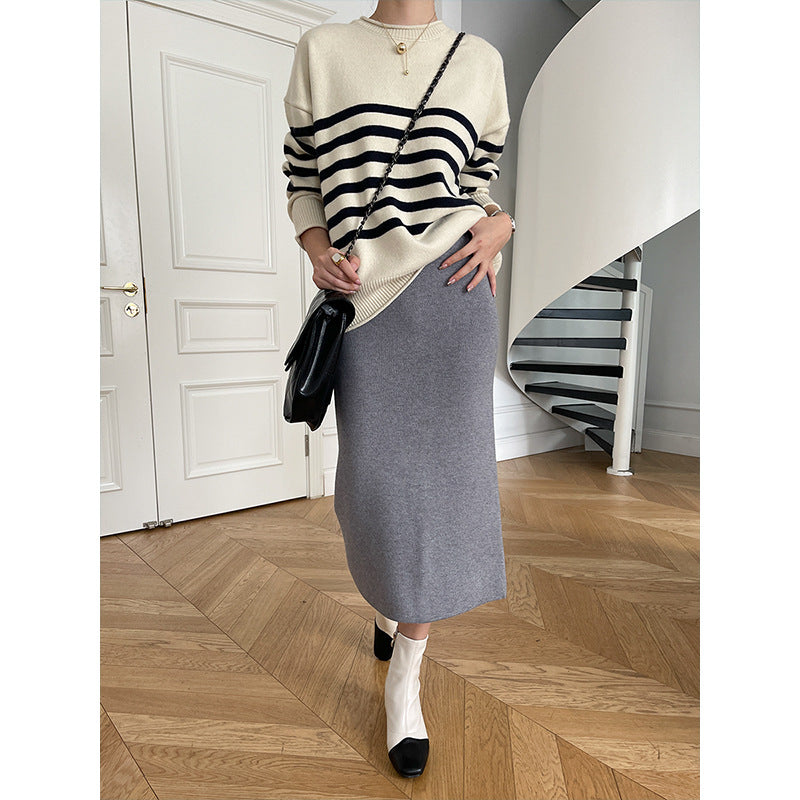 Damen modischer gestreifter Pullover mit elegantem Rundhalsausschnitt und feiner Strickstruktur Drune