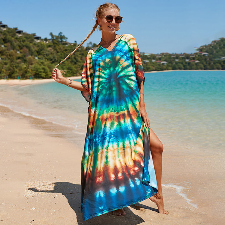 Damen Strandkleid mit buntem Batikdesign und weit geschnittenen Ärmeln Drune