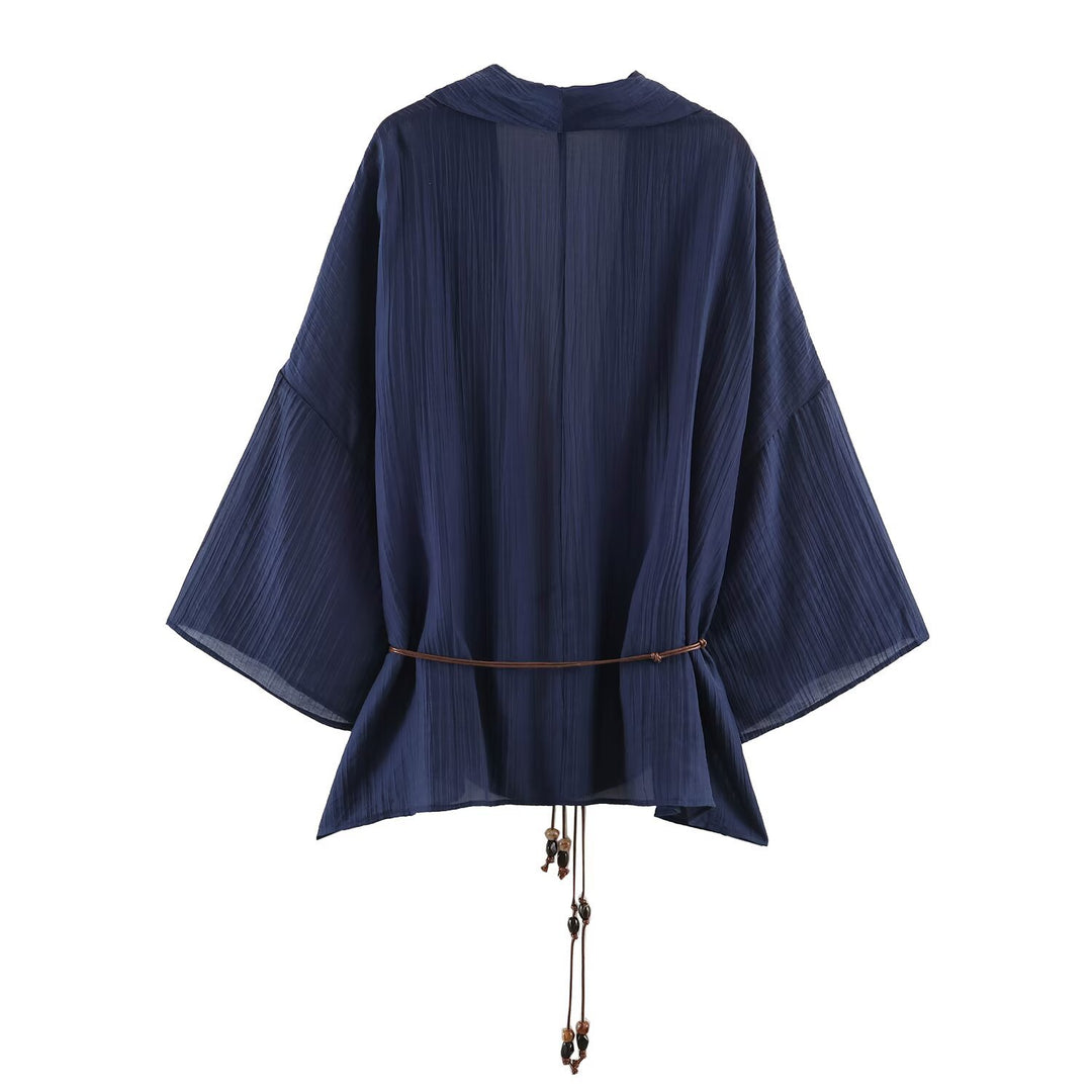 Damen Plissierter Oversize-Kimono mit Hüftkordel und Trompetenärmeln Drune