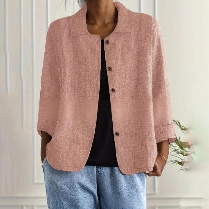 Damen Oversized Leinen-Hemdjacke mit Hemdkragen, 3/4-Ärmeln und durchgehender Knopfleiste Drune