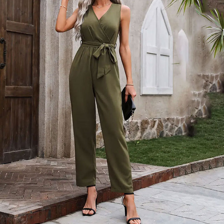 Damen eleganter Wickel-Jumpsuit mit Taillengürtel Drune