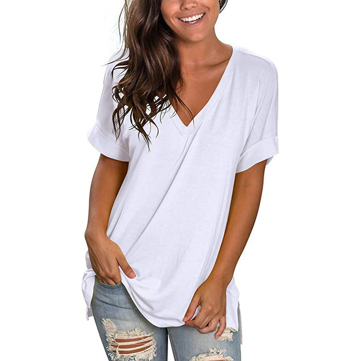 Damen V-Ausschnitt T-Shirt mit lässigem Schnitt und umgeschlagenen Ärmeln Drune