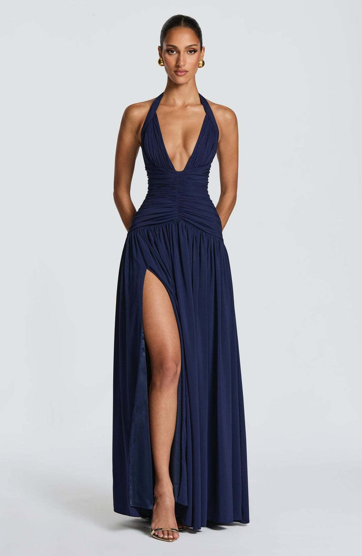 Damen Elegantes Maxikleid mit halterlosem Ausschnitt und raffiniertem Faltenwurf Drune