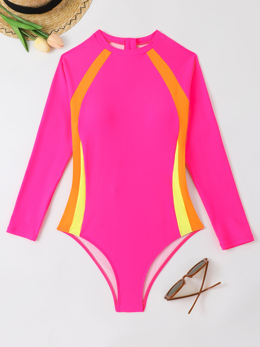 Damen Sportlicher Langarm-Badeanzug mit Farbblockdesign Drune