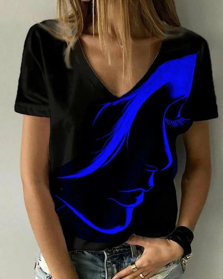 Damen V-Ausschnitt T-Shirt mit kreativem Grafikdruck Drune