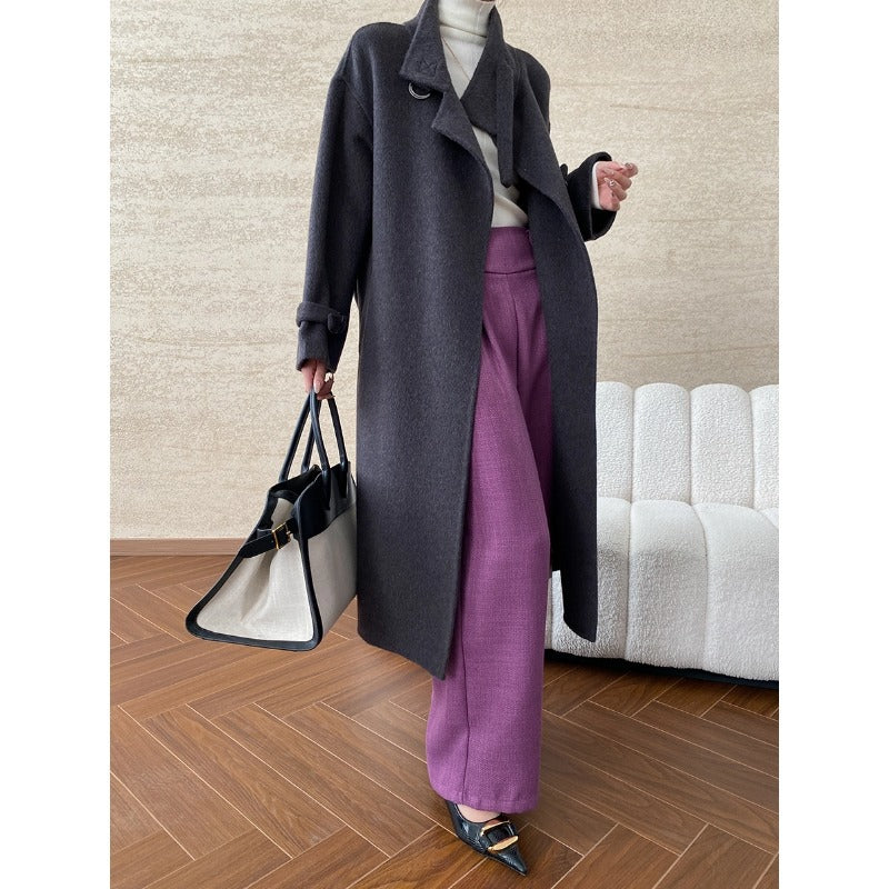 Damen eleganter langer Mantel aus hochwertigem Wollmix mit modischem Revers Drune