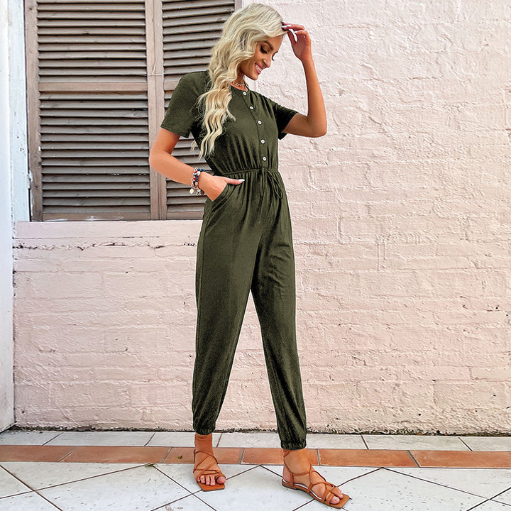 Damen Relaxter Kurzarm-Jumpsuit mit Knopfleiste, Tunnelzugtaillie und elastischen Beinabschlüssen Drune
