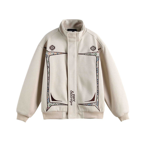 Damen Leichte Stehkragen-Jacke mit folkloren Stickapplikationen und gerippten Bündchen Drune