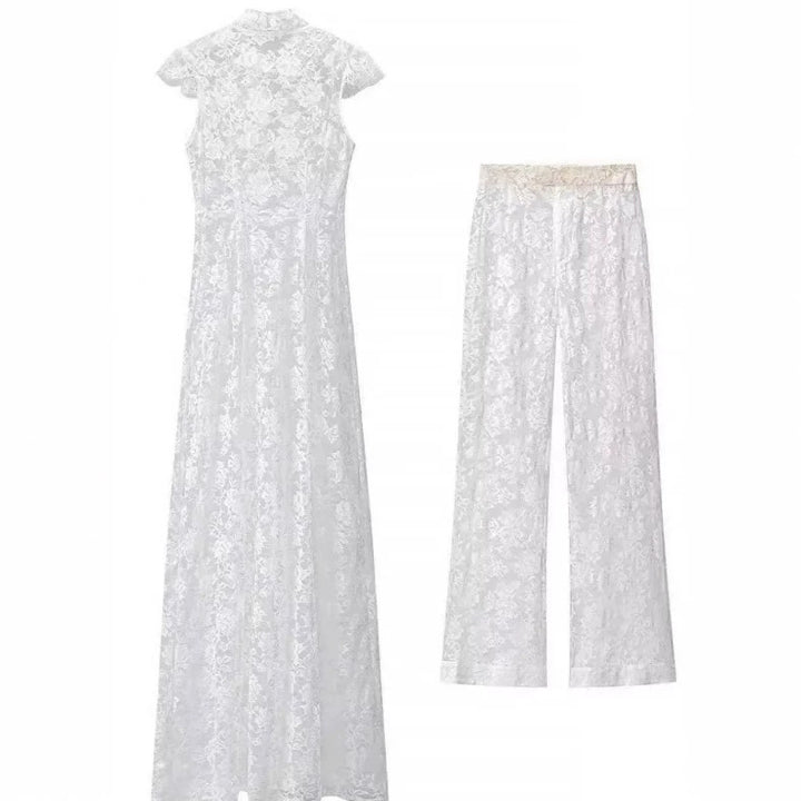 Damen Zweiteiliges Spitzenset mit Stehkragen‑Maxikleid und weiter Spitzenhose Drune