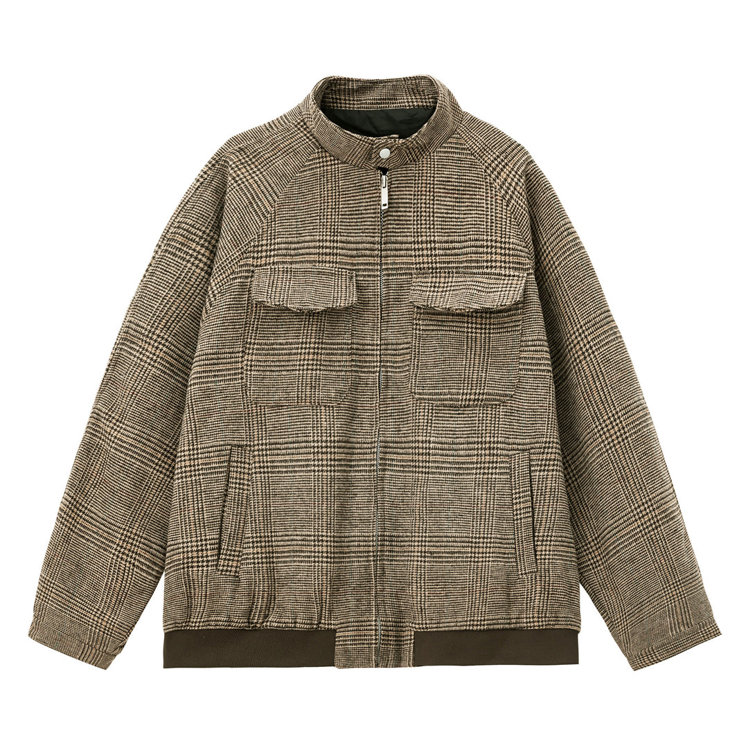 Unisex Karierte Utility-Hemdjacke mit Stehkragen, Brustklappen und Reißverschluss Drune