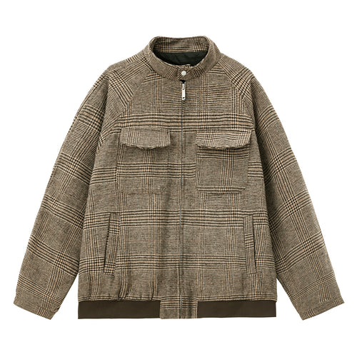 Unisex Karierte Utility-Hemdjacke mit Stehkragen, Brustklappen und Reißverschluss Drune