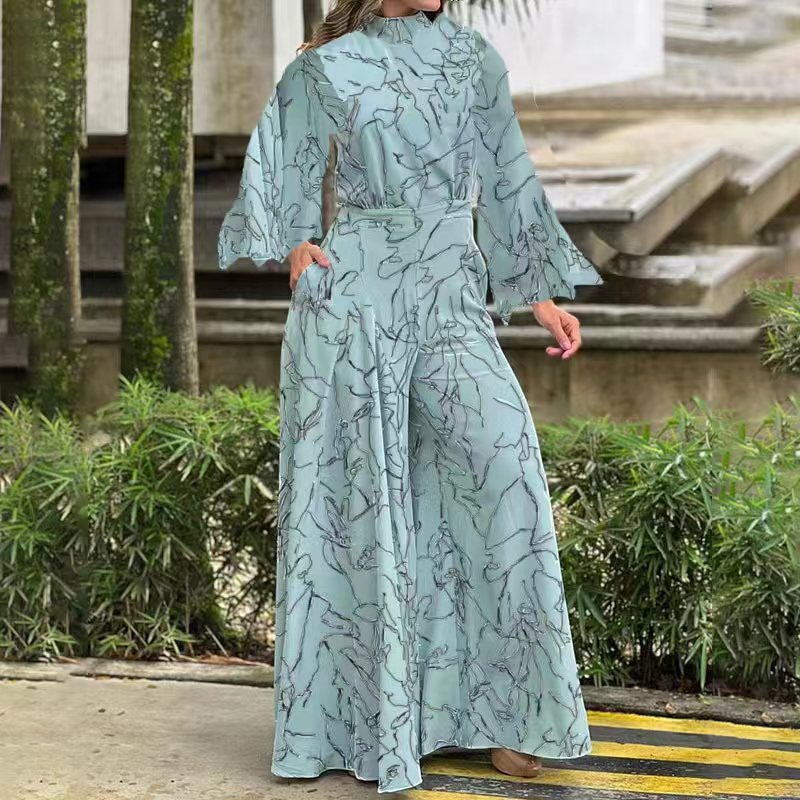 Damen Eleganter Longline Jumpsuit mit Stehkragen, Ballonärmeln und Seitentaschen Drune