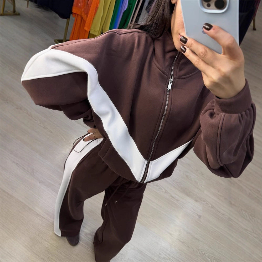 Damen eleganter sportlicher Zweiteiler Trainingsanzug mit Reißverschluss und kontrastierender V-Passe Drune