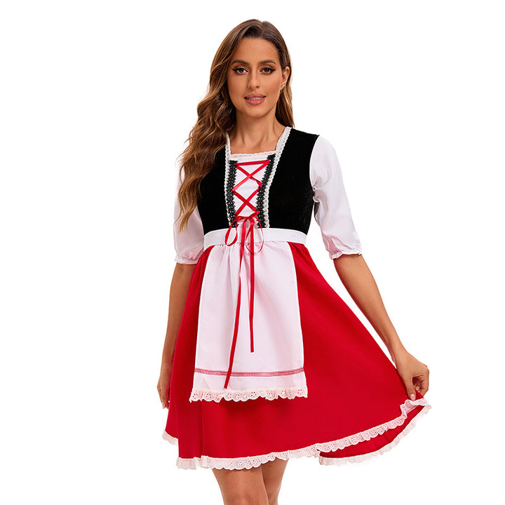 Damen nan Kapuzen-Cape Kostüm mit Schürzenkleid und romantischen Spitzenakzenten Drune