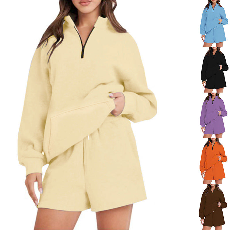 Damen Freizeit-Loungewear-Set mit halbem Reißverschluss und praktischen Taschen Drune