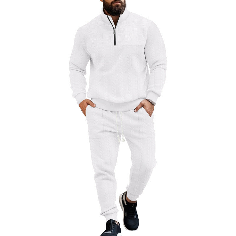 Herren nan Strick-Trainingsset mit halbem Reißverschluss, Zopfmuster-Pulli und Kordelzug-Jogger Drune